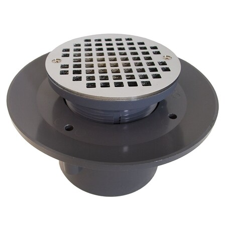 Jones Stephens 3in. x 4in. Heavy Duty PVC Slab Drain Base with 4in. Plastic Spud and 6in. Chrome Plated Strainer D49487